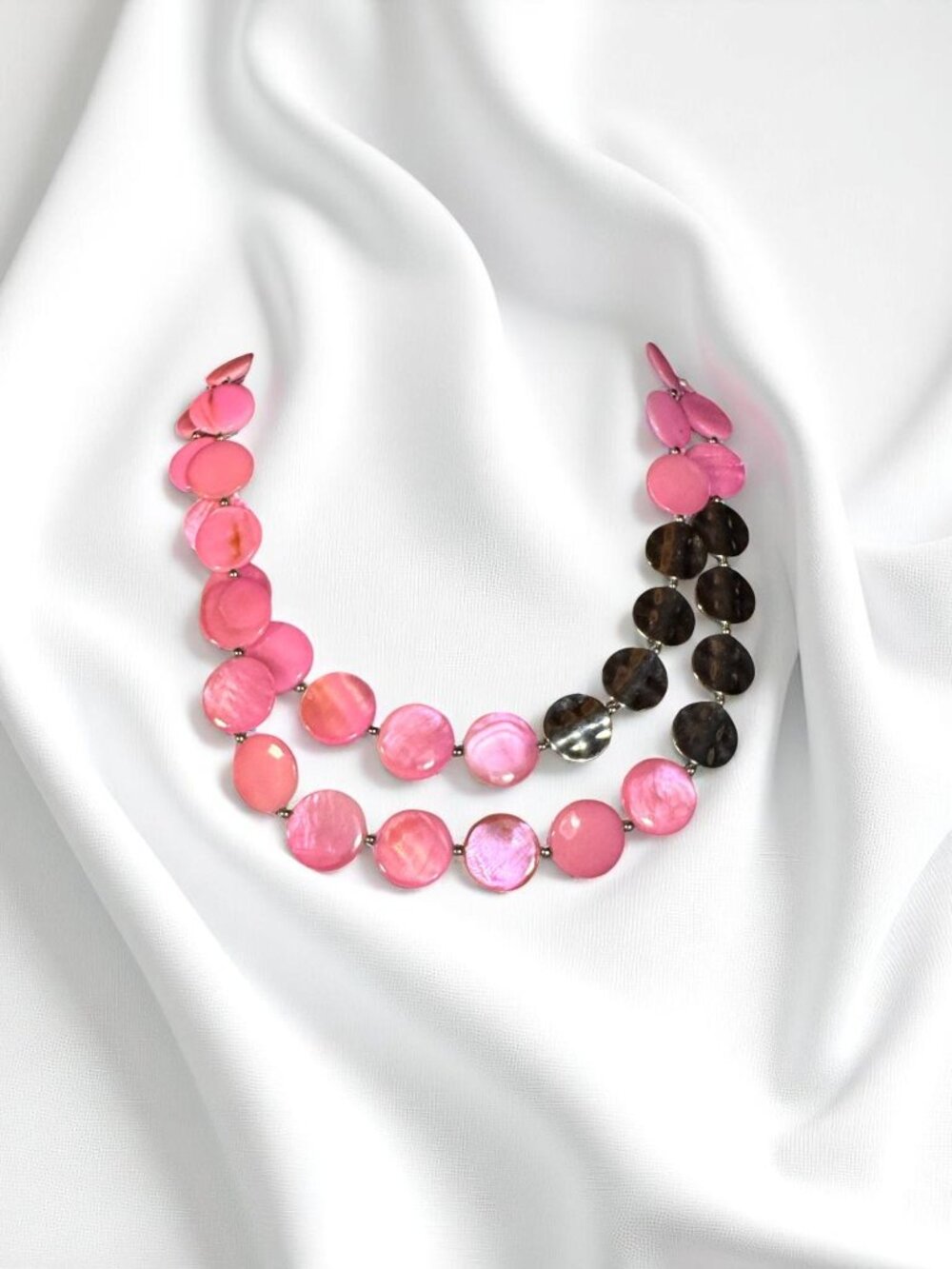 Pink & Black Shell Disc Beaded Statement Necklace With Adjustable Lobster Clasp - Picture 3 of 10